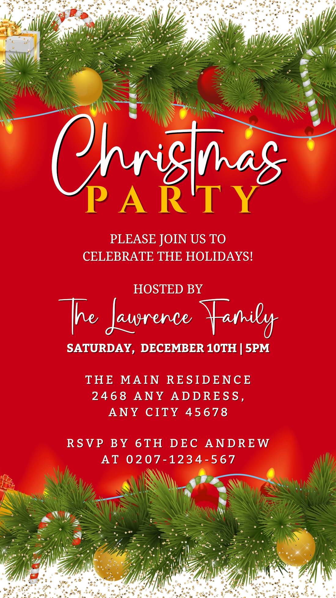 Editable Christmas Party Evite featuring red, green, and white ornaments, pine branches, and lights. Customizable digital template for invitations via Canva.