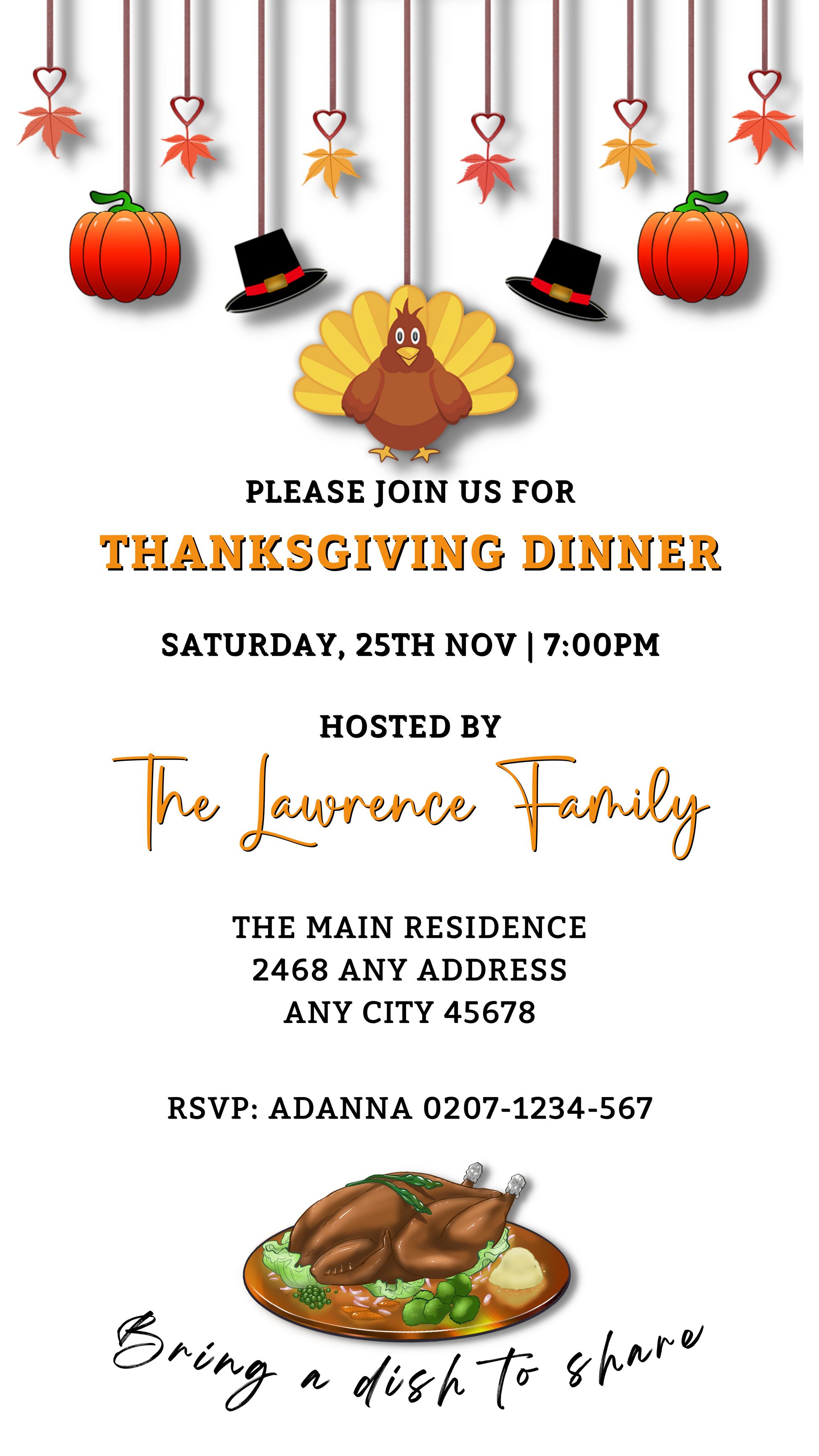 Thanksgiving Dinner Evite featuring a cartoon turkey, pumpkins, and birds, customizable via Canva for digital or printable invitations.