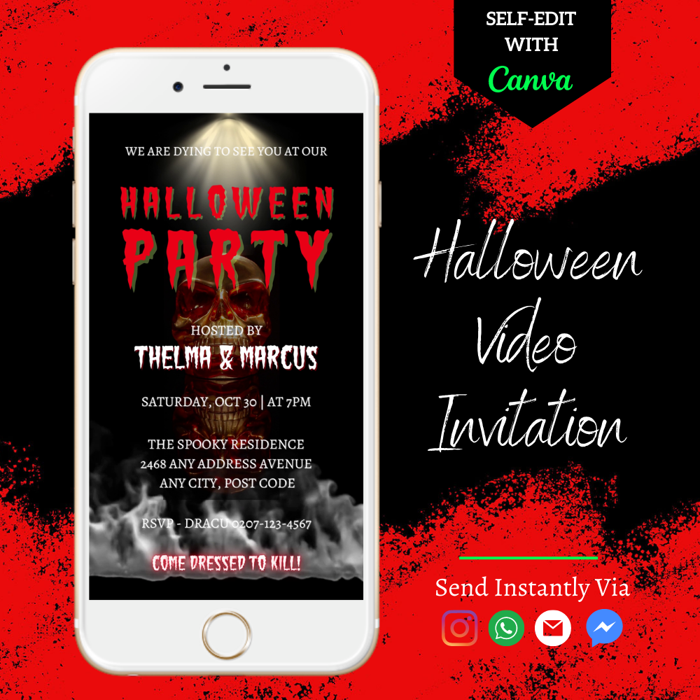 Red Smoking Skull Halloween Party Video Invite displayed on a white smartphone screen, featuring a red skull and white smoke with editable text.