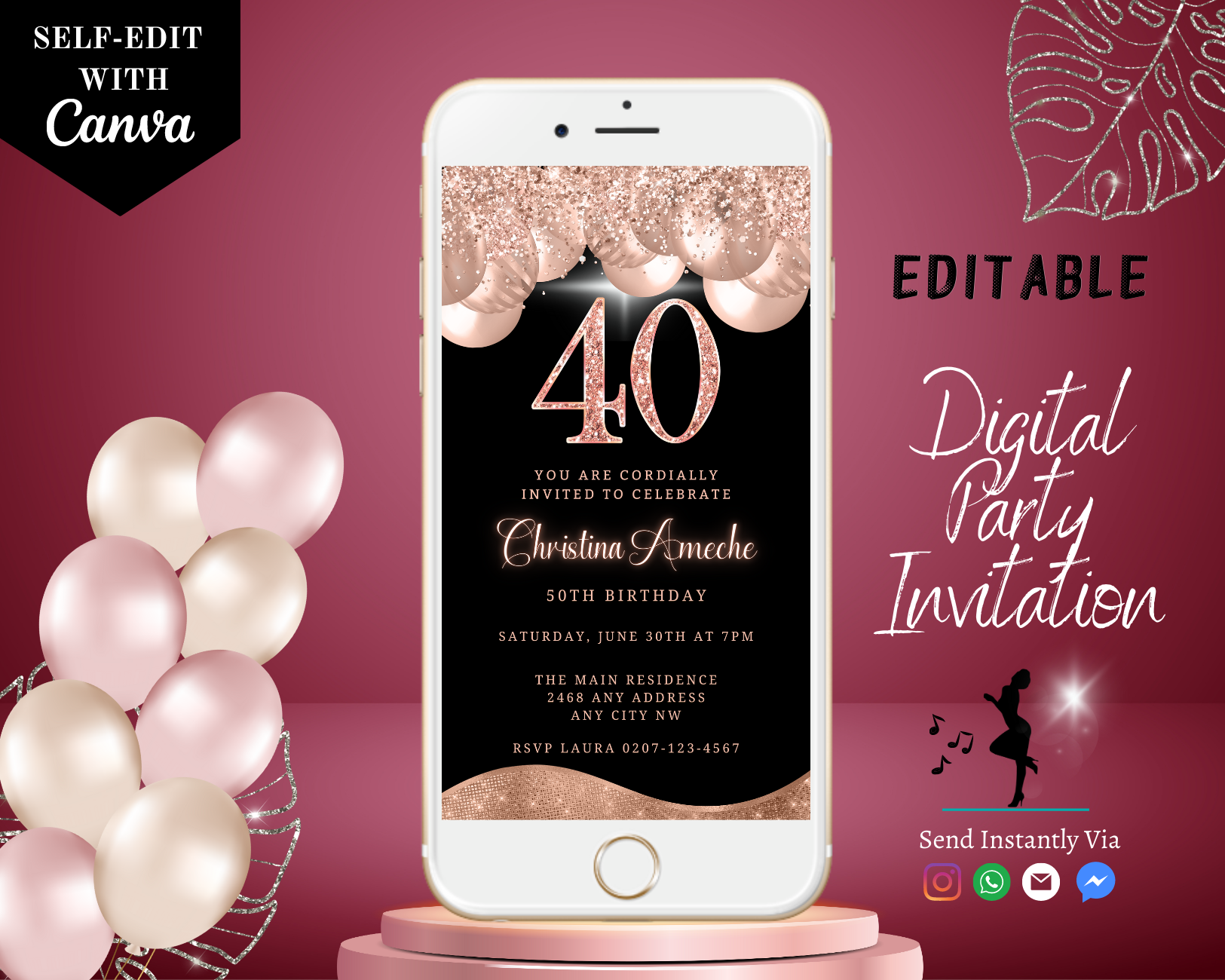 Rose Gold Balloons Glitter 40th Birthday Evite displayed on a smartphone screen, customizable via Canva for digital invitations.