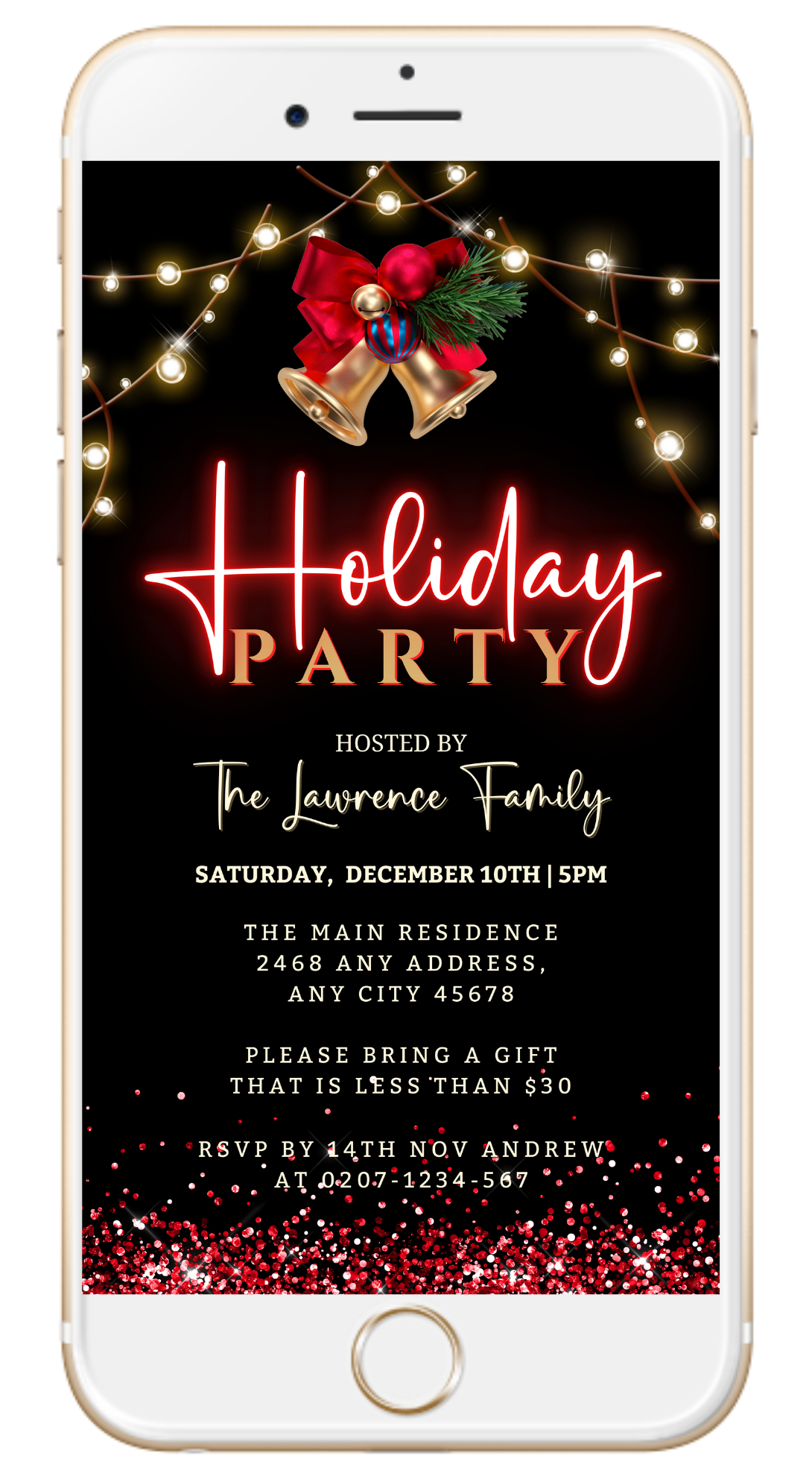 Gold Bell Red Neon Holiday Party Evite on a black background, featuring editable red and gold text with festive bells and lights.