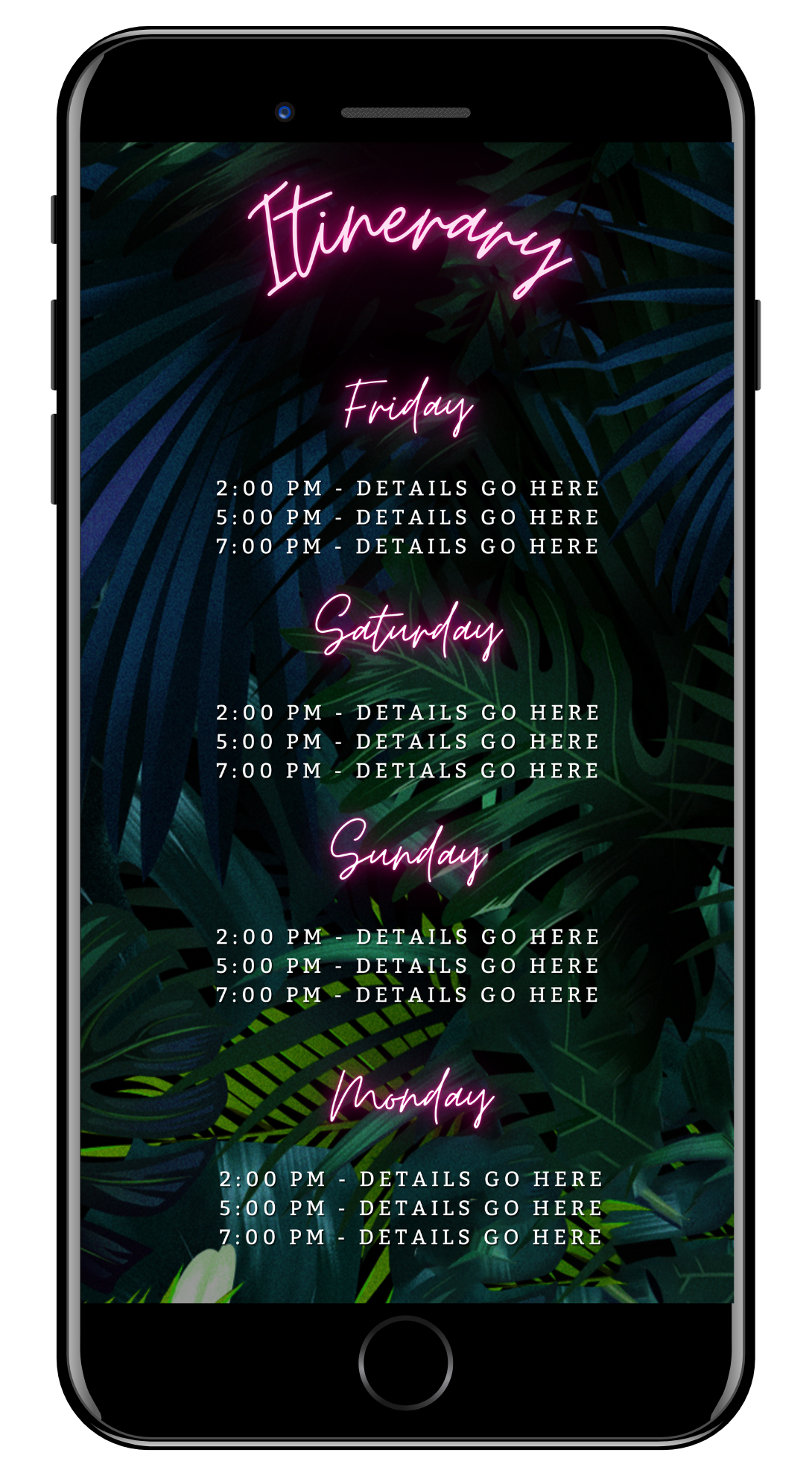 Smartphone screenshot displaying the customisable Tropical Destination Neon Pink | Birthday Getaway Evite template for easy DIY personalization via Canva.