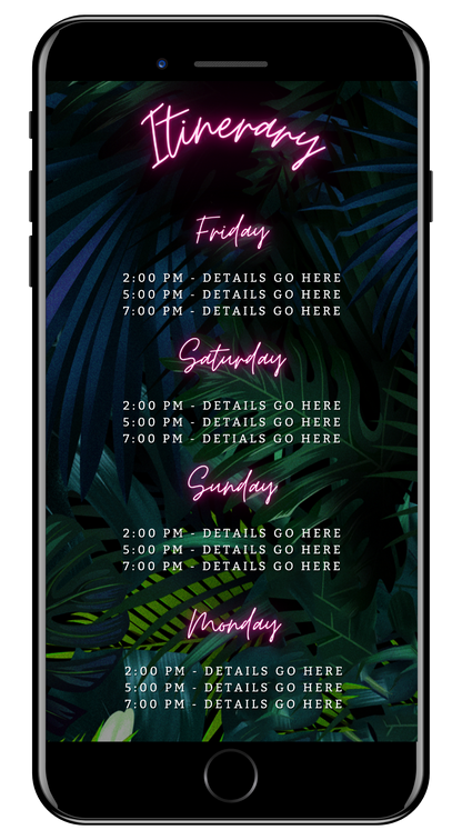 Smartphone screenshot displaying the customisable Tropical Destination Neon Pink | Birthday Getaway Evite template for easy DIY personalization via Canva.