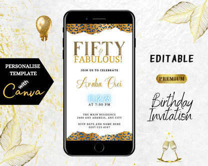 Customizable Digital Neon Gold Blue White Leopard | 50 & Fabulous Party Evite displayed on a smartphone, with editable text and design elements for personalized invitations.