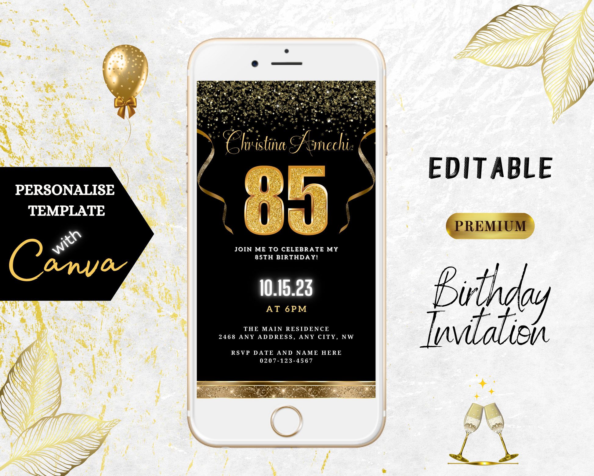 Black Gold Confetti 85th Birthday Evite displayed on a smartphone, featuring customizable gold text and celebratory balloons for a digital invitation template.
