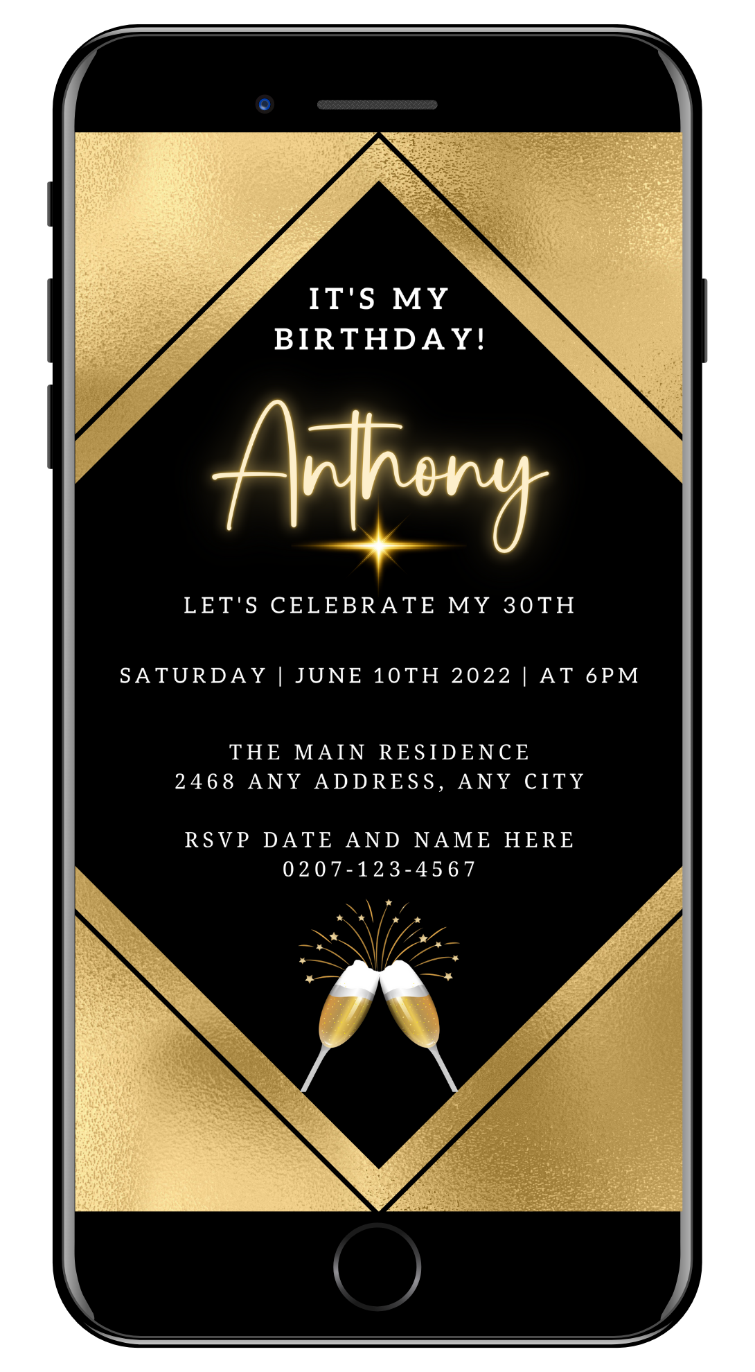 Gold Black Champagne Birthday Party Evite showing editable text on a black and gold background with champagne glasses, customizable via Canva for digital sharing.