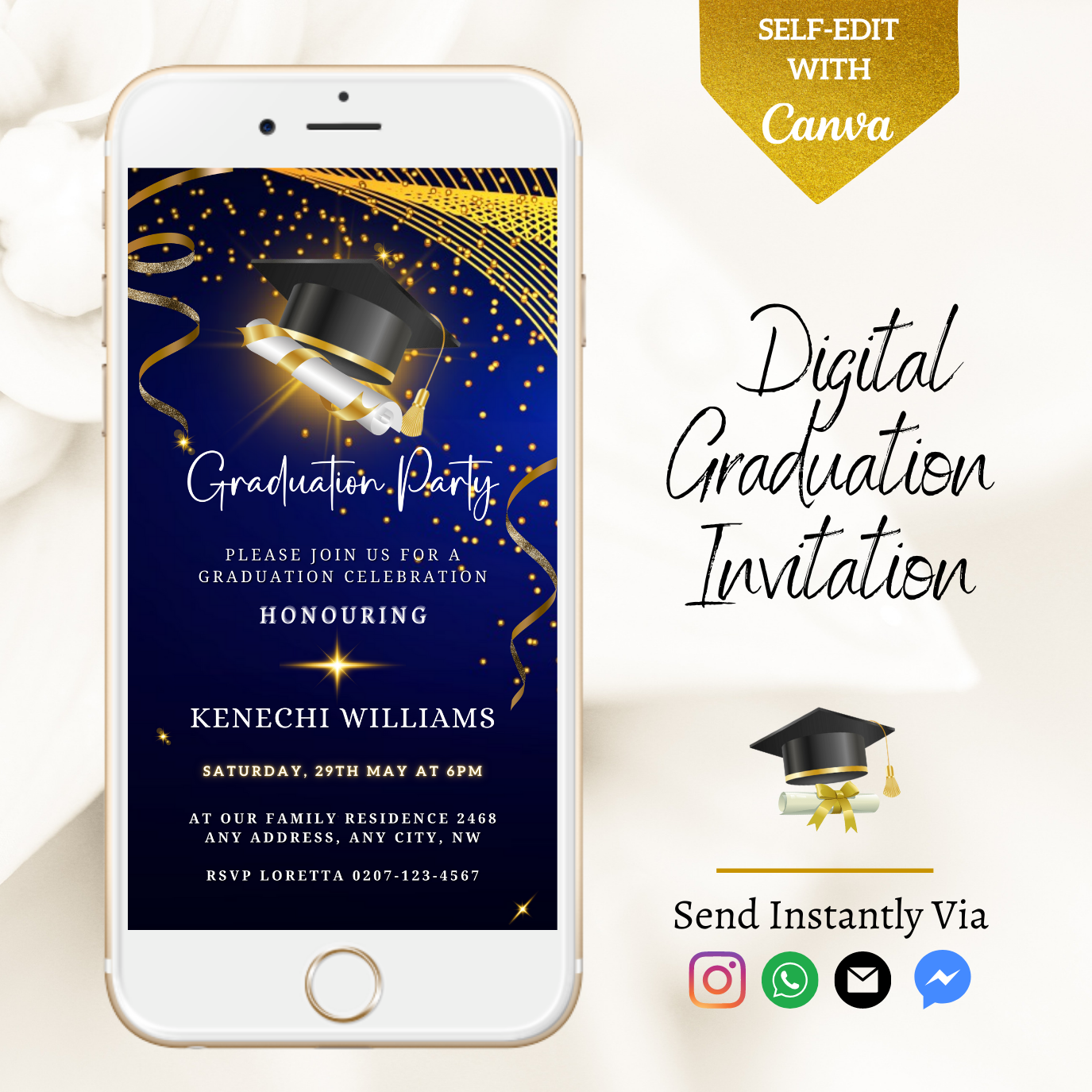 Blue & Gold Graduation Party Invitation template on a smartphone screen, featuring a graduation cap and diploma design, customizable via Canva for digital sharing.