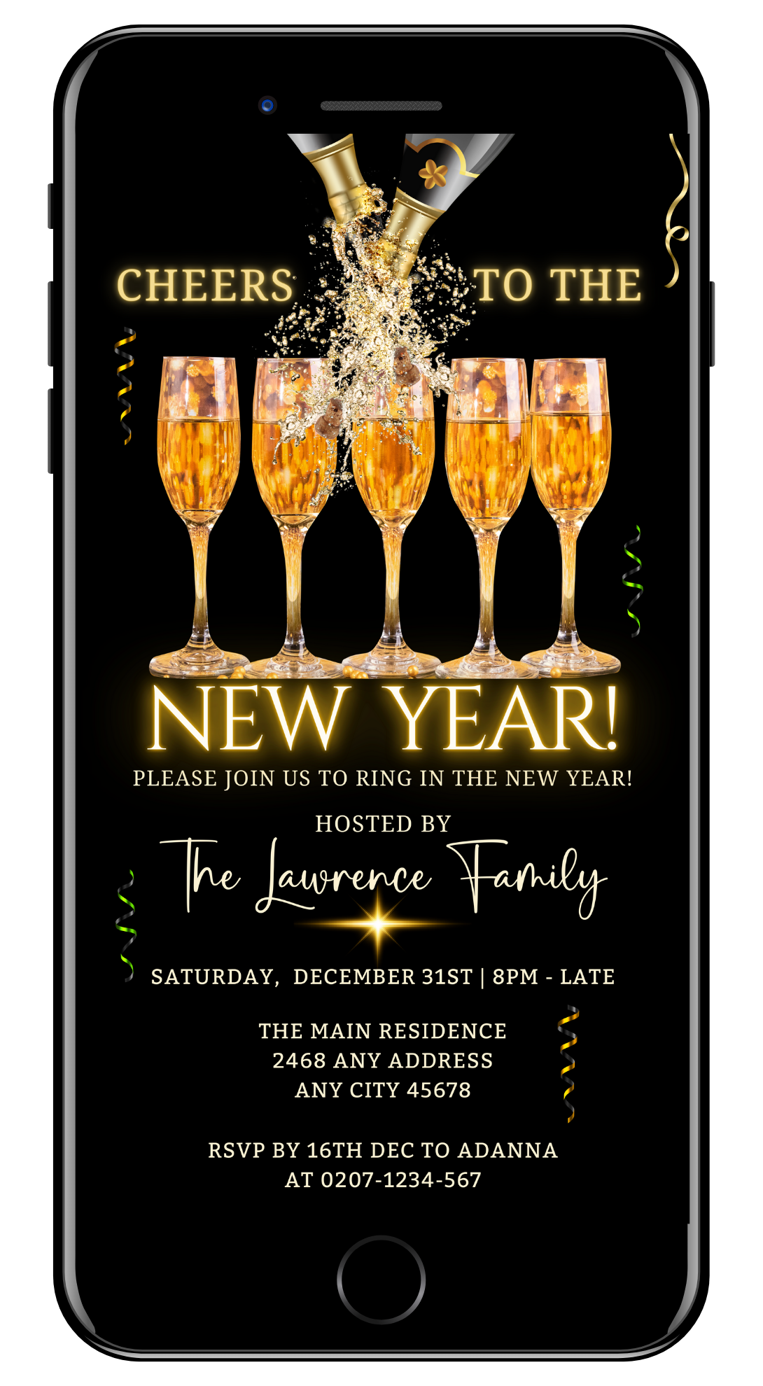 Splashing Champagne Neon Cheers NY Party Evite on a phone screen, showing a group of champagne glasses. Editable digital invitation for New Year's celebrations.