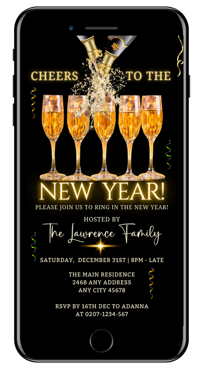 Splashing Champagne Neon Cheers NY Party Evite on a phone screen, showing a group of champagne glasses. Editable digital invitation for New Year's celebrations.