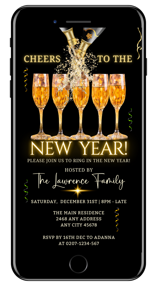 Splashing Champagne Neon Cheers NY | New Years Party Evite