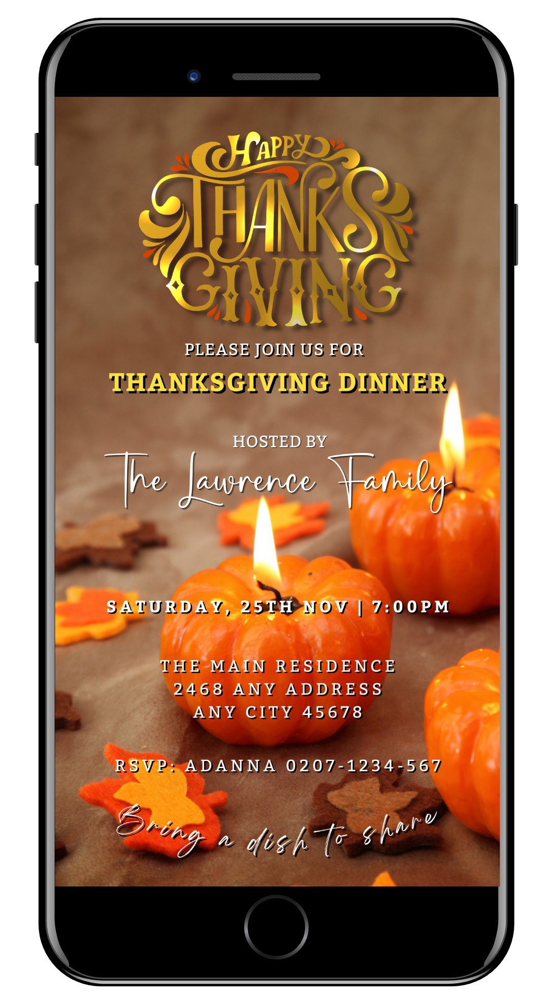 Gold Lit Pumpkins Thanksgiving Evite: Customizable digital invitation template featuring pumpkins and candles. Edit with Canva and share via text, email, or social media.