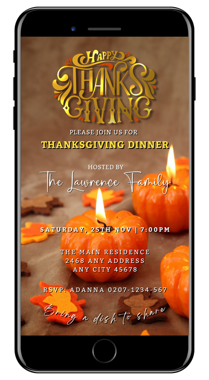 Gold Lit Pumpkins Thanksgiving Evite: Customizable digital invitation template featuring pumpkins and candles. Edit with Canva and share via text, email, or social media.