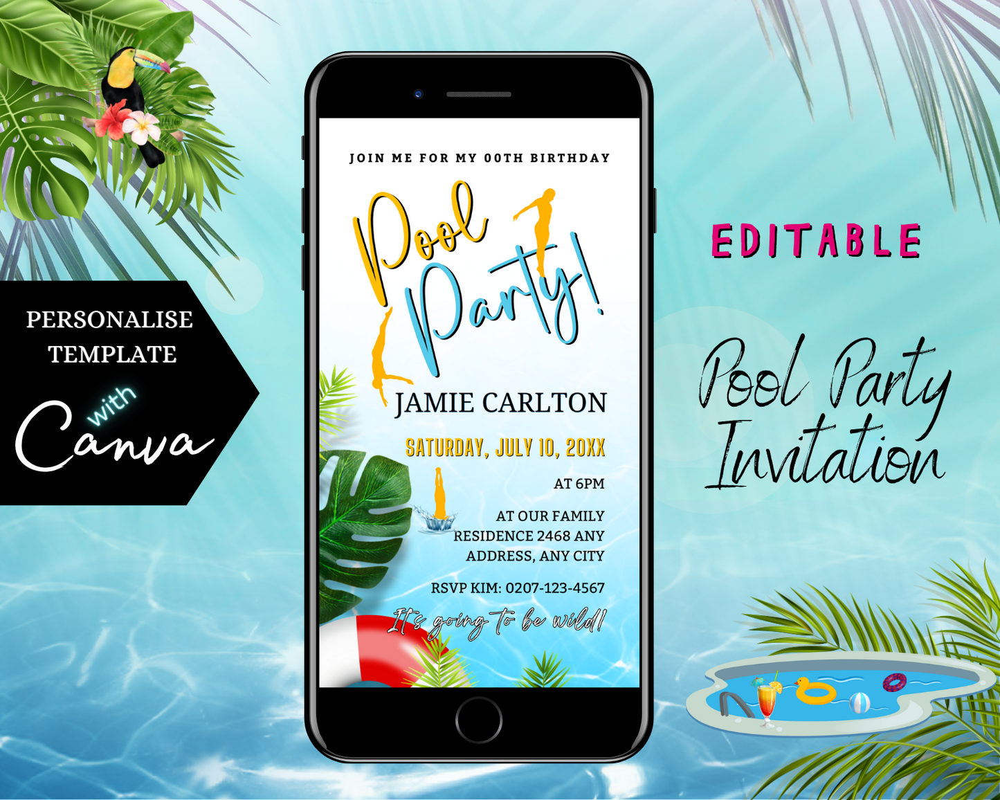 Cellphone displaying a customizable Summer Pool Party digital invitation template, ready for personalization and electronic sharing via smartphone.