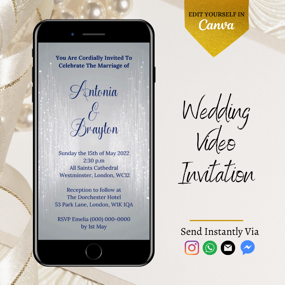 Silver Blue Glitter Wedding Video Invitation displayed on a smartphone screen, showcasing customizable text and design features for personalizing event details using Canva.