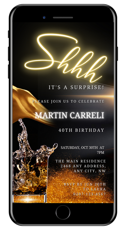 Phone screen displaying a Gold Neon Surprise Birthday Party Evite, featuring a customizable digital invitation template for editing in Canva.
