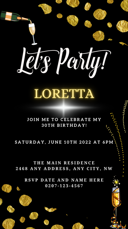 Black Leopard Gold Customisable Party Evite featuring editable text and graphics, downloadable for smartphone via Canva.