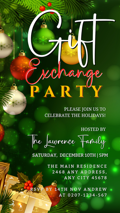 Green and gold invitation with Christmas ornaments, lights, and editable digital elements for a Gift Exchange Party Evite, customizable via Canva for smartphone use.