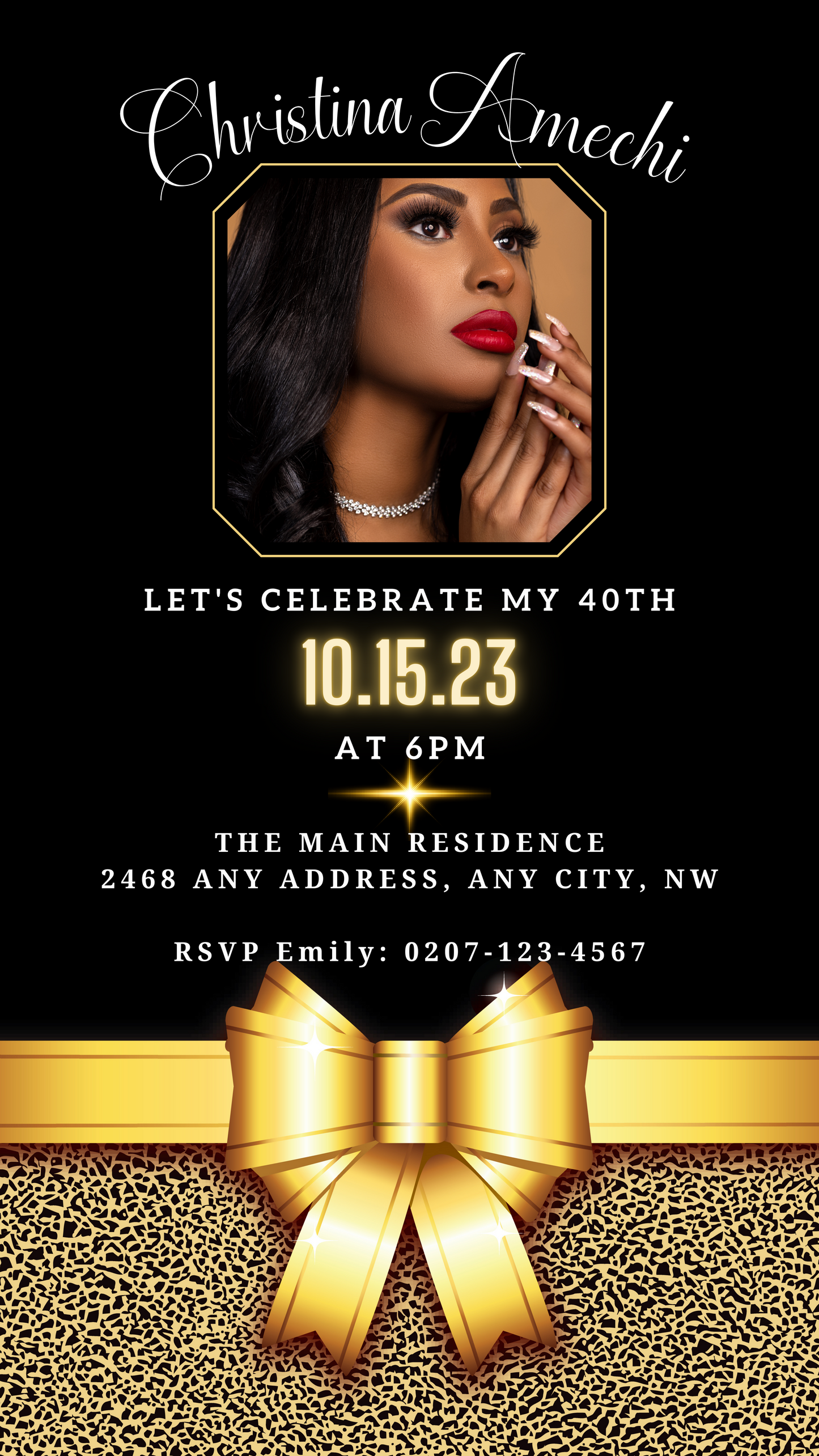 Black and gold 40th birthday evite featuring a woman's face, red lips, and a leopard print background with customizable text via Canva.