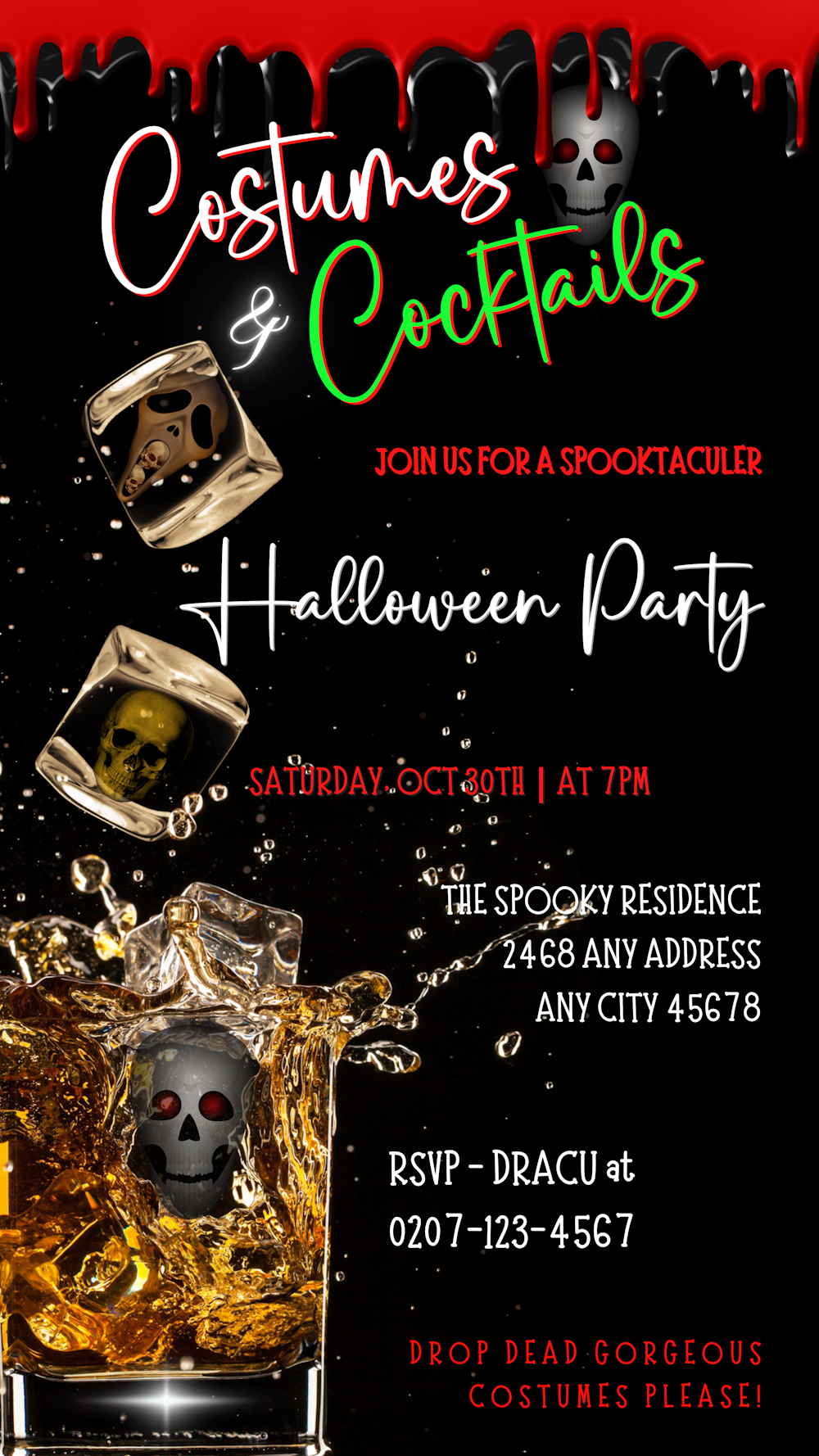 Poster for Halloween party featuring a skull in an ice cube, customizable via Canva for digital invitations. Product: Costumes & Cocktails Cubes Glass of Skulls | Halloween Party Evite.