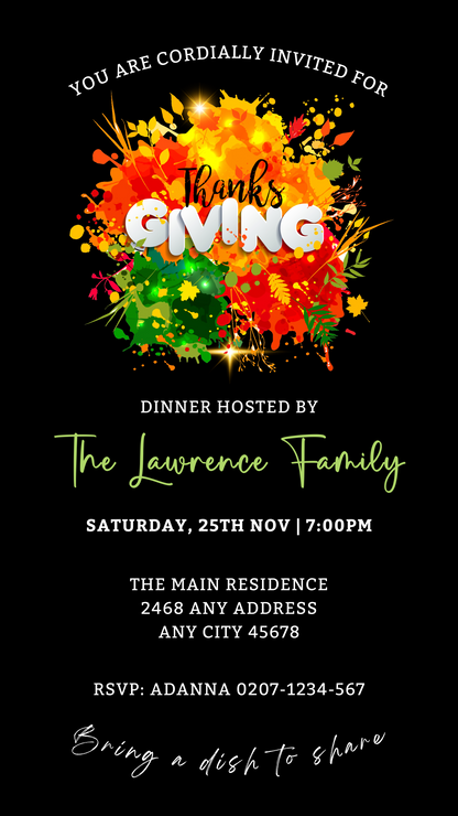 Colourful Neon Floral Black Thanksgiving Dinner Evite template featuring vibrant paint splashes and editable text, customizable via Canva for digital invitations.