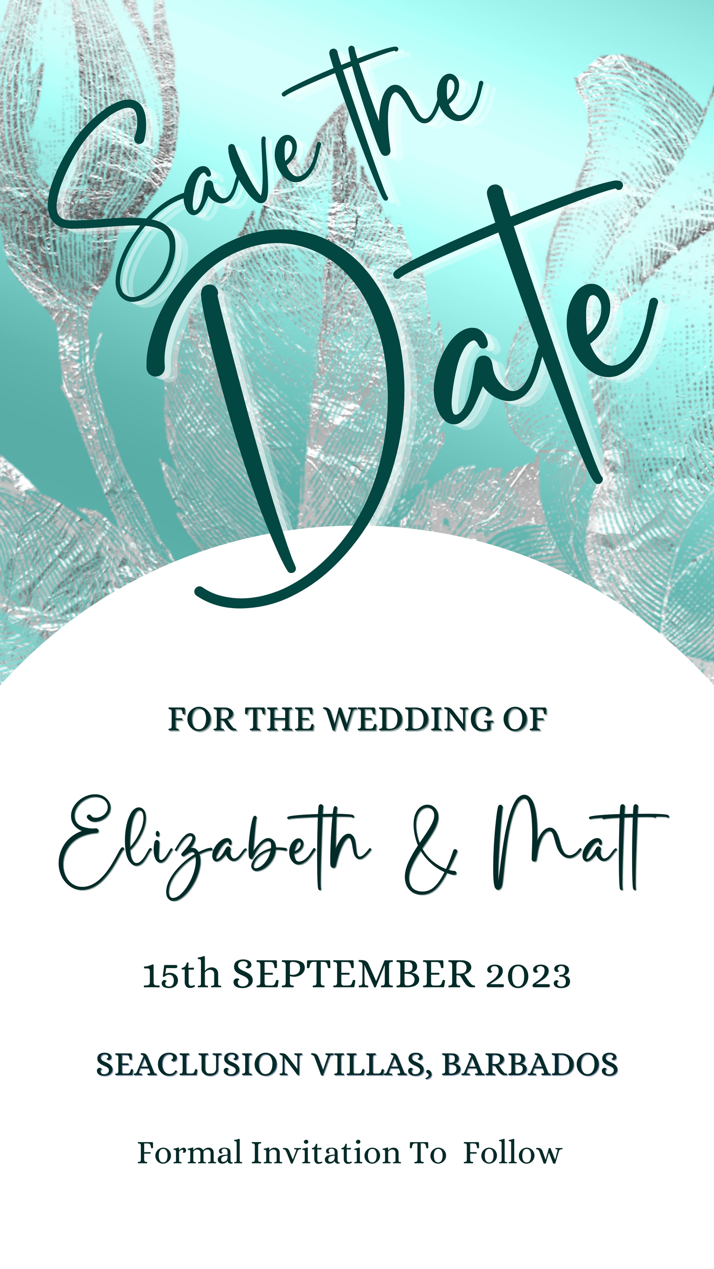 Editable Digital Teal White Silver Flowers Save The Date Evite featuring silver leaves, customizable via Canva for smartphone, tablet, or PC.