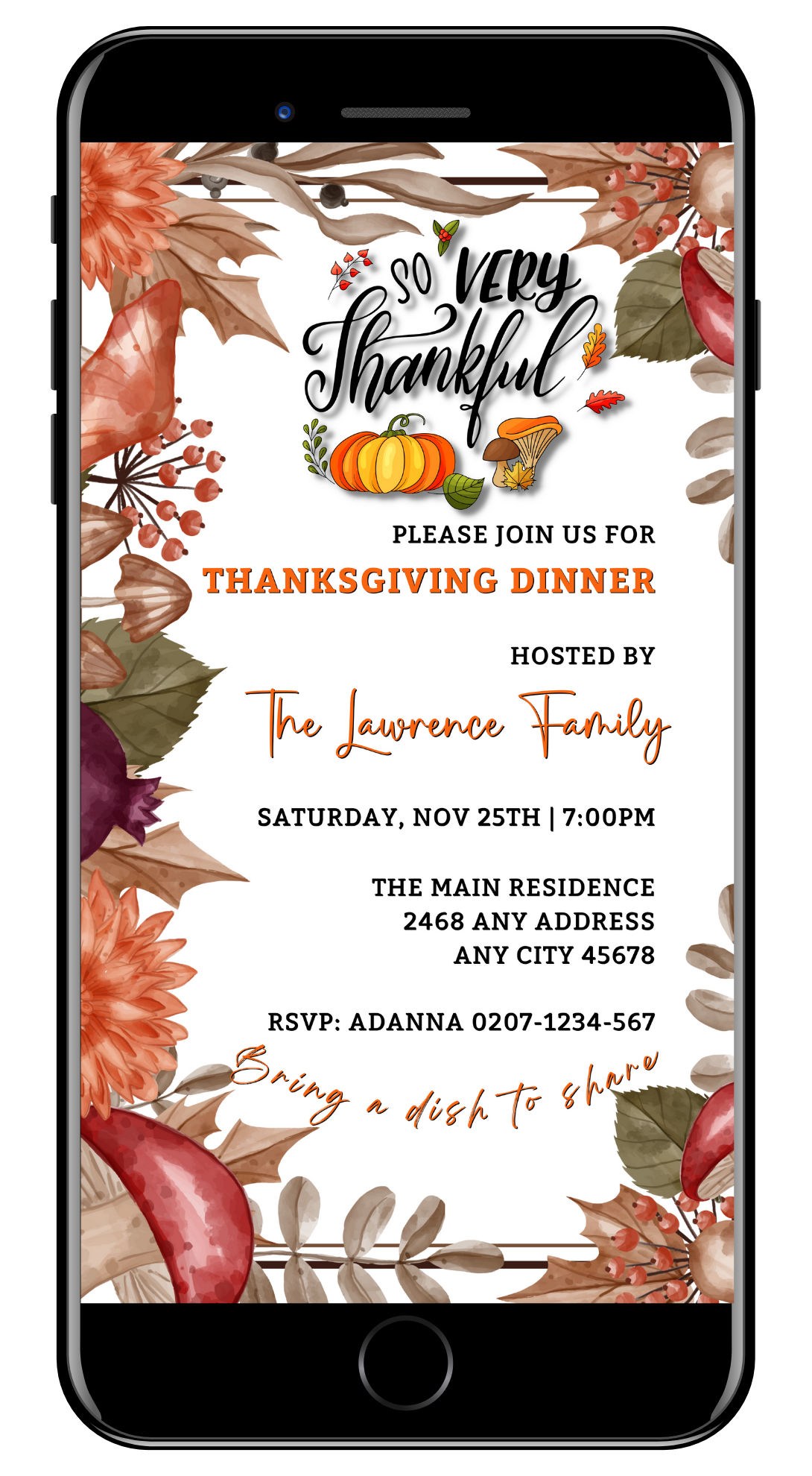 Cell phone displaying Autumn Leaves Themed | Thanksgiving Dinner Evite template for digital and printable invitations.