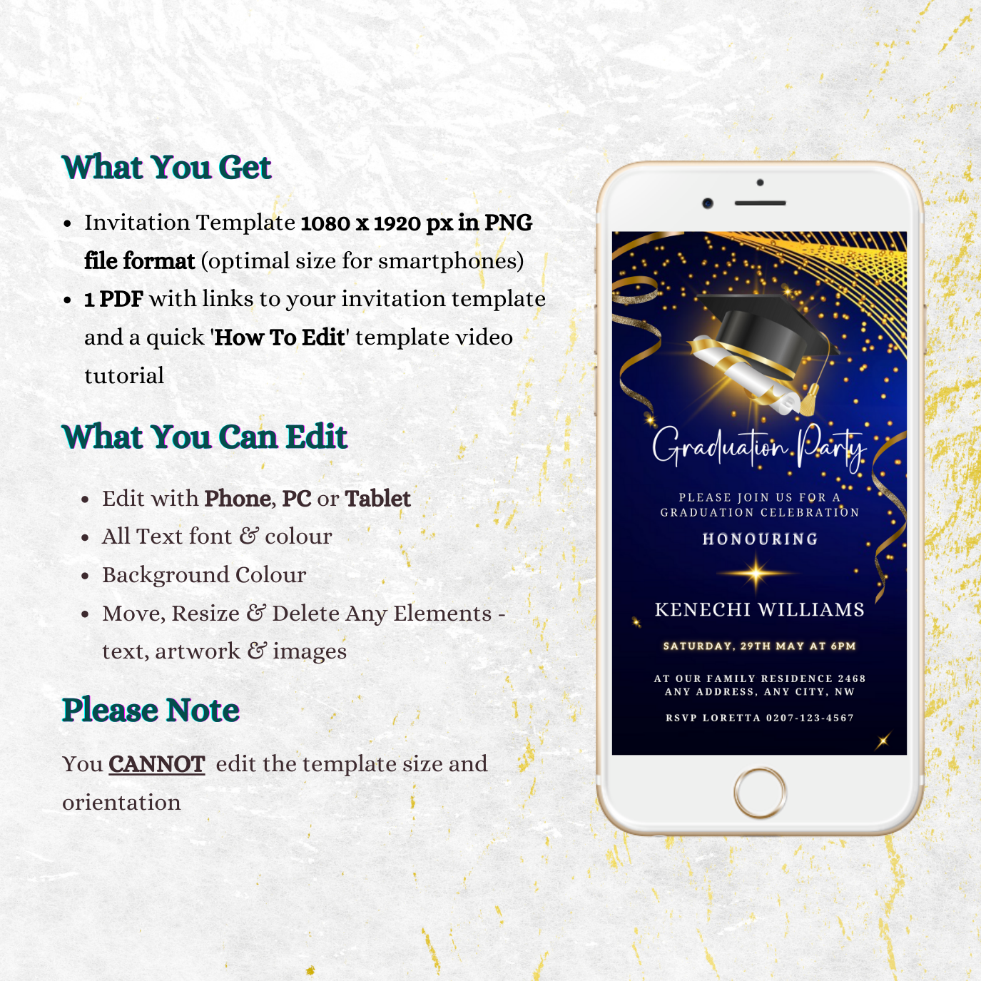 Blue & Gold Graduation Party Invitation with a modern design and festive gold accents, customizable via Canva, displayed alongside a graduation cap and diploma.