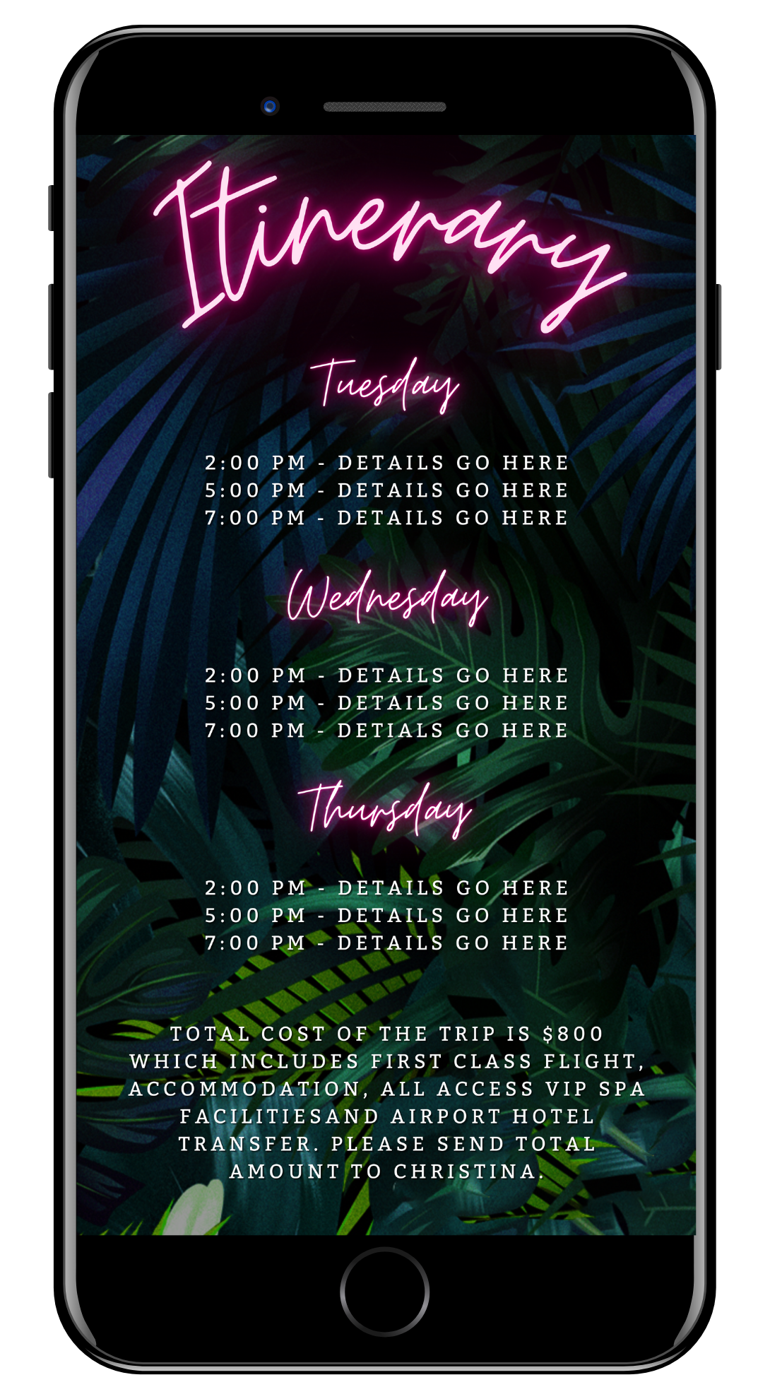 Tropical Destination Neon Pink Birthday Getaway Evite displayed on a smartphone screen, showcasing a customizable digital invitation template for personalizing event details via Canva.