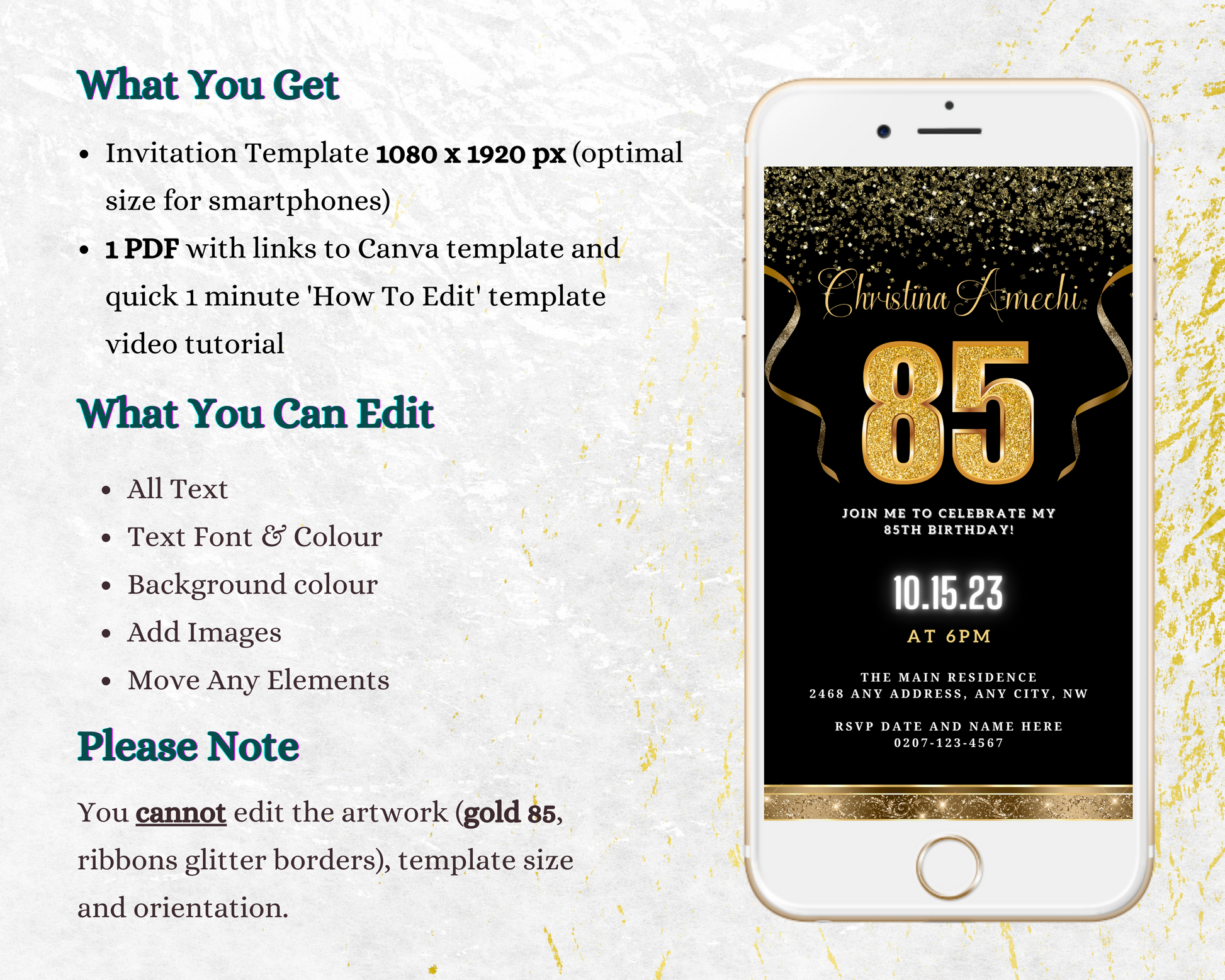 Customisable Digital Black Gold Confetti 85th Birthday Evite for smartphones, showing editable text and design elements on the phone screen. Instantly downloadable and editable via Canva.