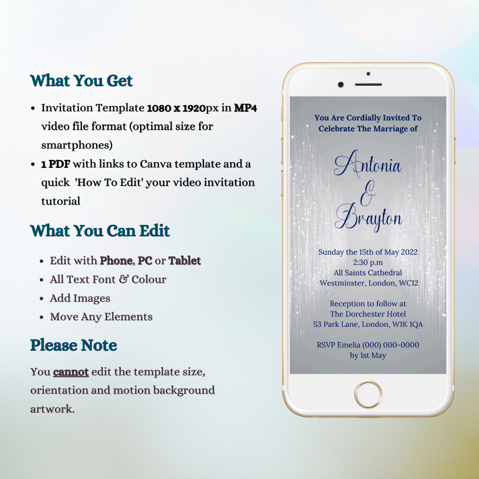 White smartphone displaying a customizable Silver Blue Glitter Wedding Video Invitation template with editable text and elements.