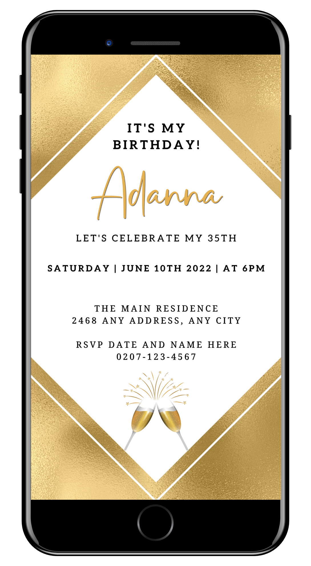 Customisable Gold White Champagne Birthday Party Evite displayed on a smartphone with a gold and black invitation design.