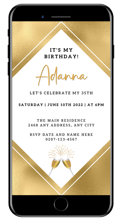 Customisable Gold White Champagne Birthday Party Evite displayed on a smartphone with a gold and black invitation design.