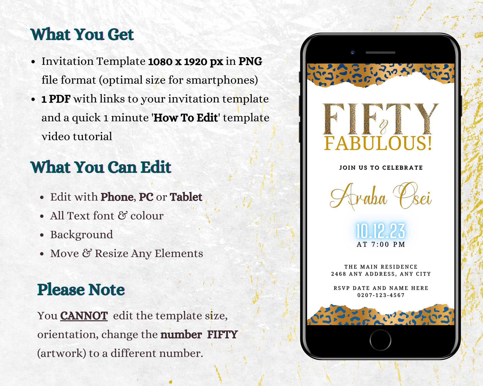 Customisable Digital Neon Gold Blue White Leopard | 50 & Fabulous Party Evite displayed on a smartphone screen.
