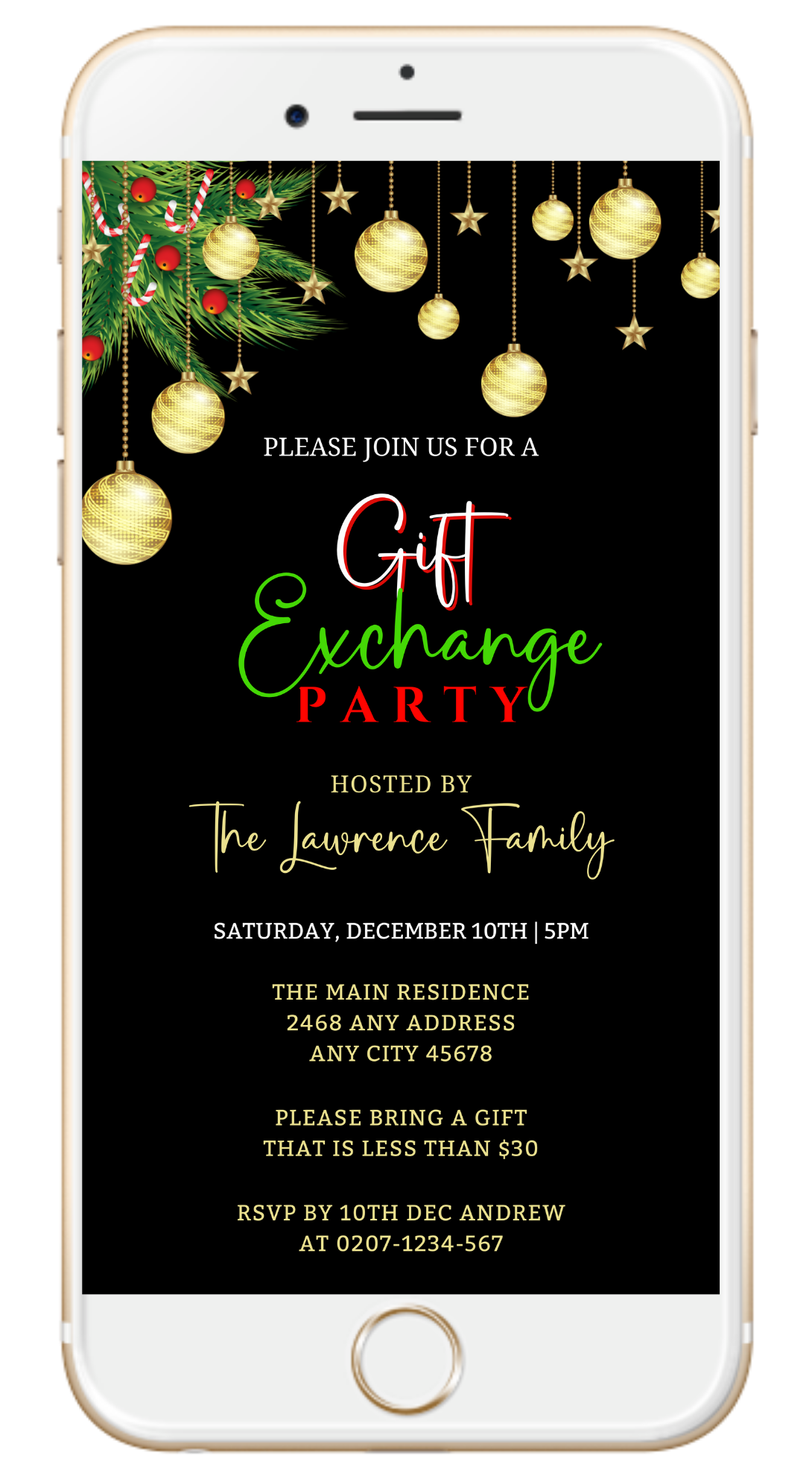 Gold Red Ornament Gift Exchange Christmas Party Invitation displayed on a smartphone screen with elegant gold text and ornaments.