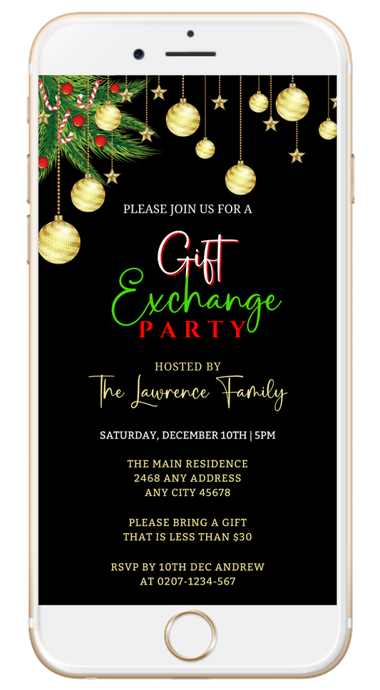 Gold Red Ornament Gift Exchange Christmas Party Invitation displayed on a smartphone screen with elegant gold text and ornaments.