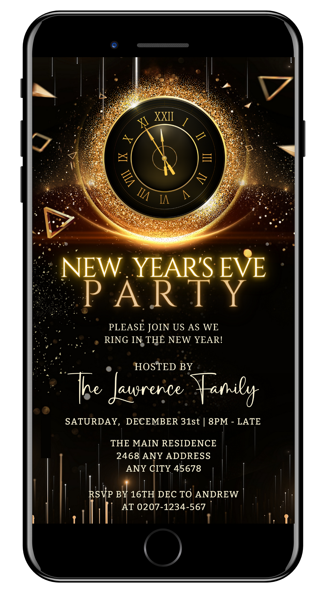 Golden Cyber Clock New Year's Eve Party Evite displayed on a smartphone screen, featuring editable text and a clock with gold and black accents.