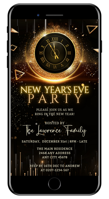 Golden Cyber Clock New Year's Eve Party Evite displayed on a smartphone screen, featuring editable text and a clock with gold and black accents.