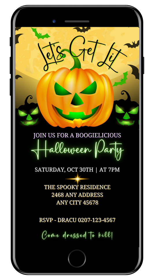 Phone screen displaying a Halloween evite template featuring a green-eyed pumpkin with neon green text. Editable in Canva.