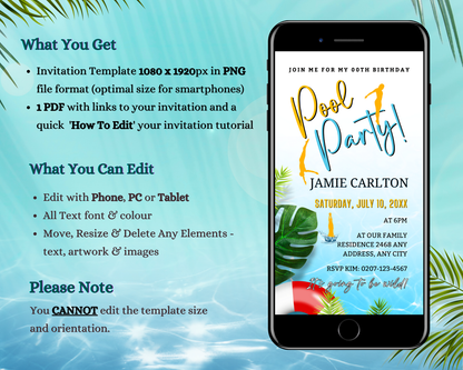 Customisable Summer Pool Party digital invitation displayed on a smartphone screen, showcasing editable text and imagery for easy personalization via Canva.