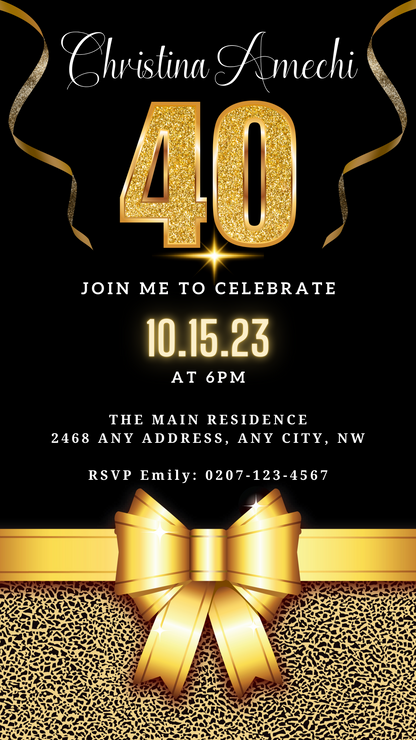 Black Gold Leopard 40th Birthday Evite with customizable text and gold bow, designed for easy editing on Canva for digital sharing.