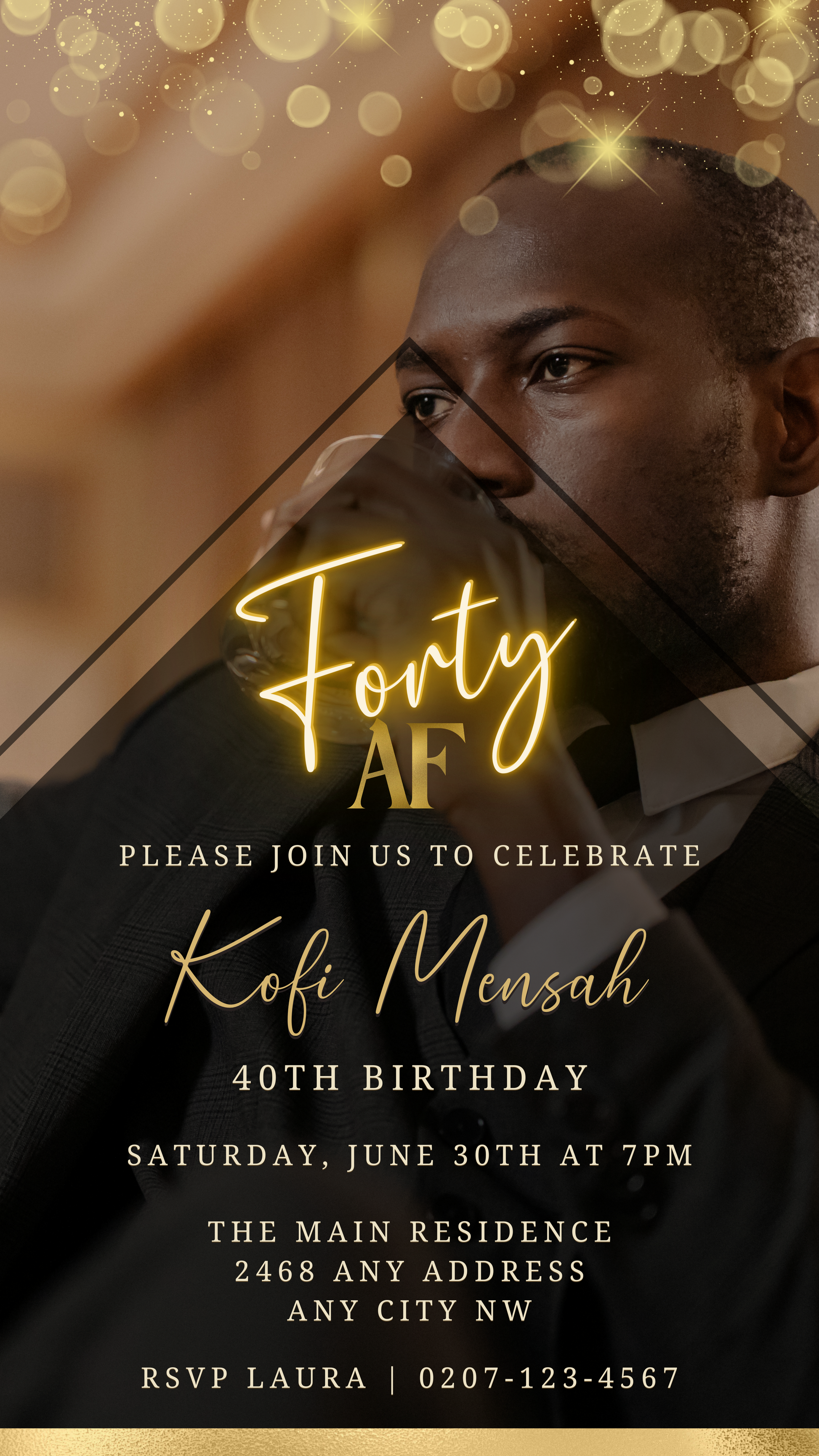 Man sipping from glass on customizable Digital Gold Neon Forty AF Party Evite, downloadable and editable via Canva for easy event personalization and electronic sharing.