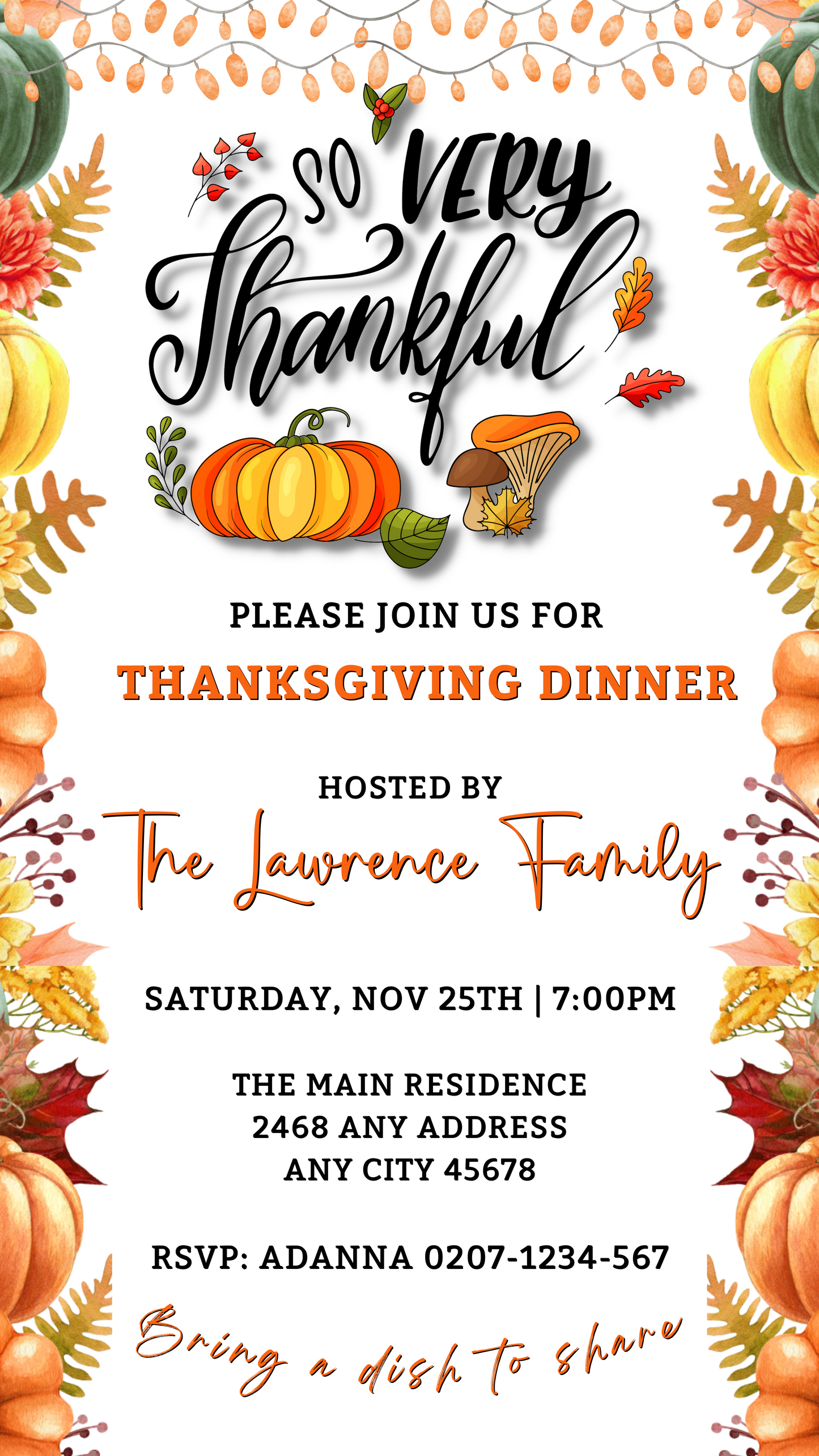 Thanksgiving Evite with pumpkins and fall leaves, customizable via Canva on URCordiallyInvited.