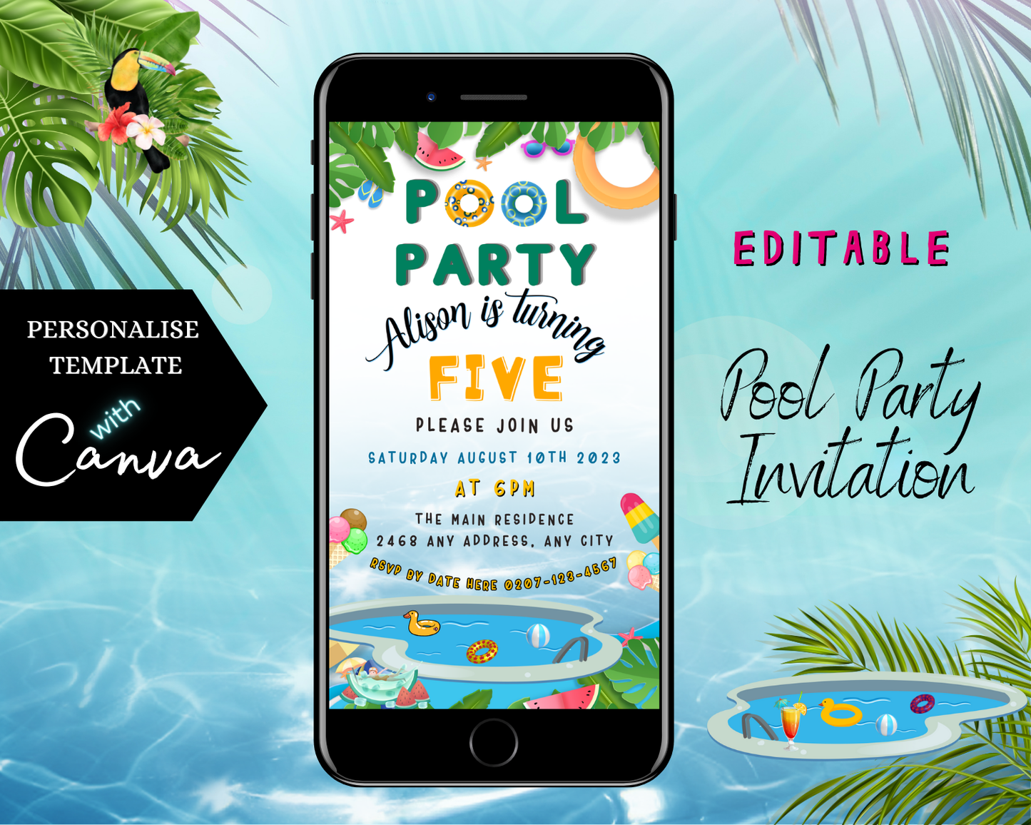 Kids Birthday Pool Party | Digital Invite displayed on a smartphone screen, showcasing customizable text and design elements with easy online editing via Canva.