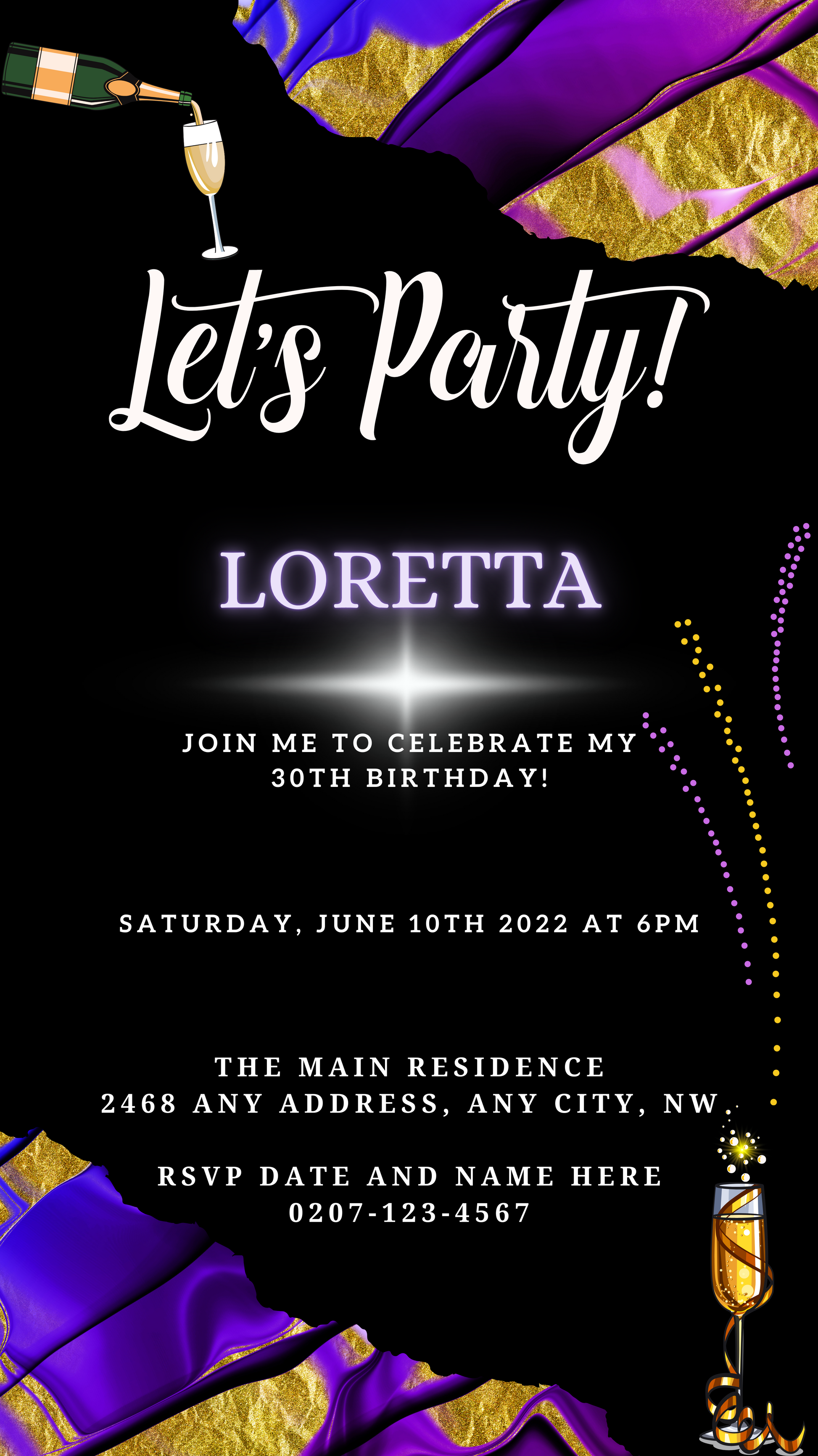 Editable Purple Gold Ankara Customisable Party Evite featuring vibrant lights and text on a black and white invitation, downloadable and editable via Canva for electronic sharing.