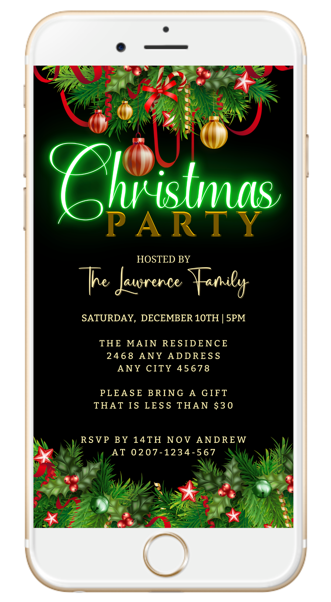 Phone screen displaying a Green Neon Ornaments Border Christmas Party Evite, featuring customizable text for event details.