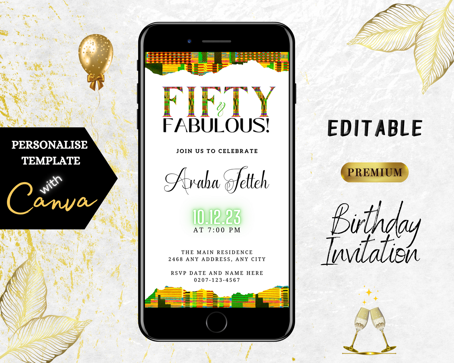 Cell phone displaying a customizable digital invitation for a Green Yellow Kente White | 50 & Fabulous Party Evite.