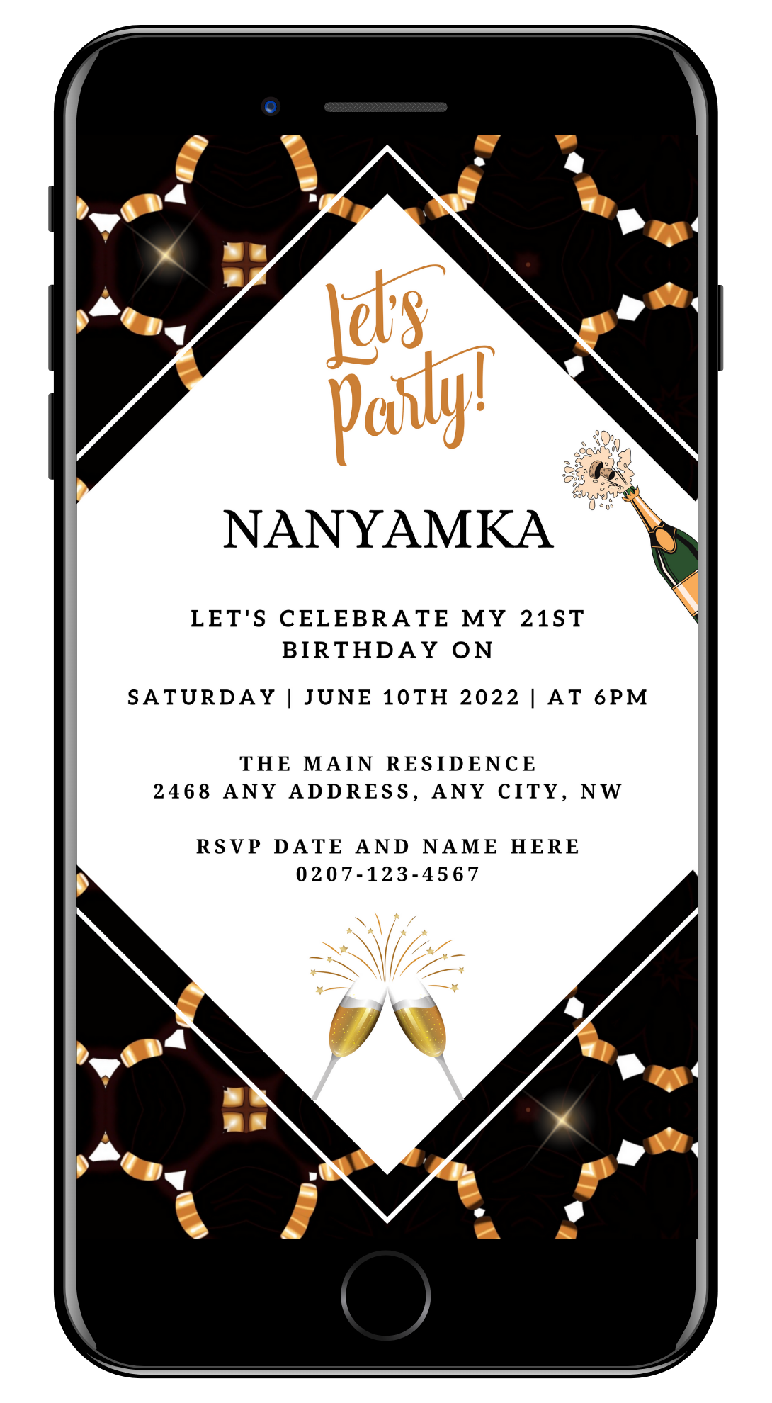 Editable White Beige Gold African Ankara Party Evite on a cell phone screen, showcasing a customizable digital invitation template with champagne glasses and gold text for various occasions.
