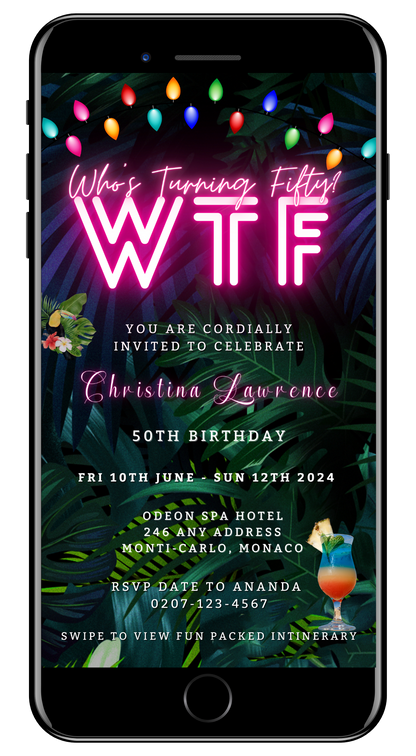 A cell phone screen displaying the Tropical Destination Neon Pink | Who's Turning Fifty Weekend Evite customizable invitation template.