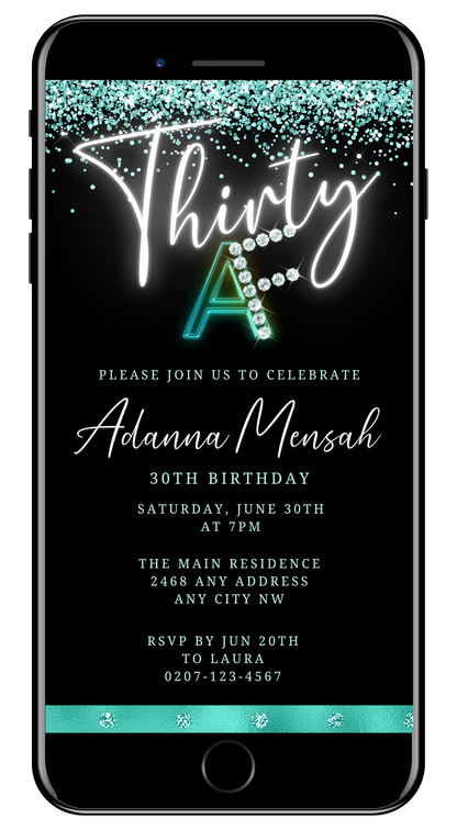 Customizable Black Teal Confetti Diamond | 30AF Birthday Evite displayed on a smartphone screen with editable text and diamond accents, ideal for digital invitations via Canva.