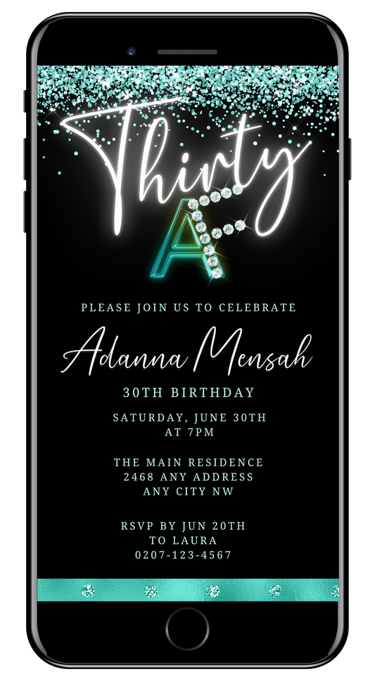 Customizable Black Teal Confetti Diamond | 30AF Birthday Evite displayed on a smartphone screen with editable text and diamond accents, ideal for digital invitations via Canva.